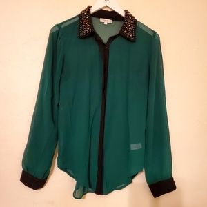 Marisol long sleeve button up sheer blouse beaded collar